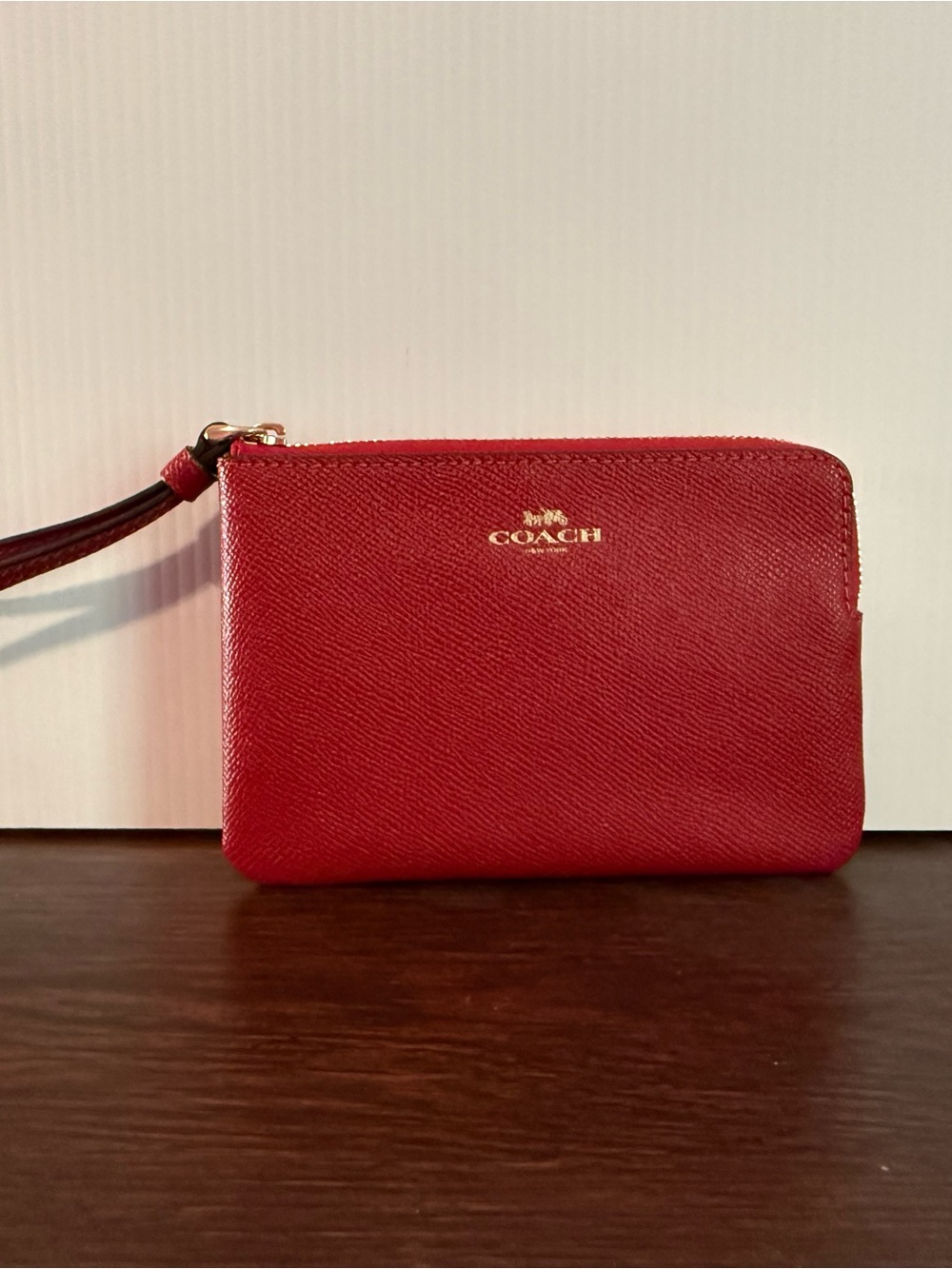 Coach Red Leather Zip Wristlet with Gold Logo Accent